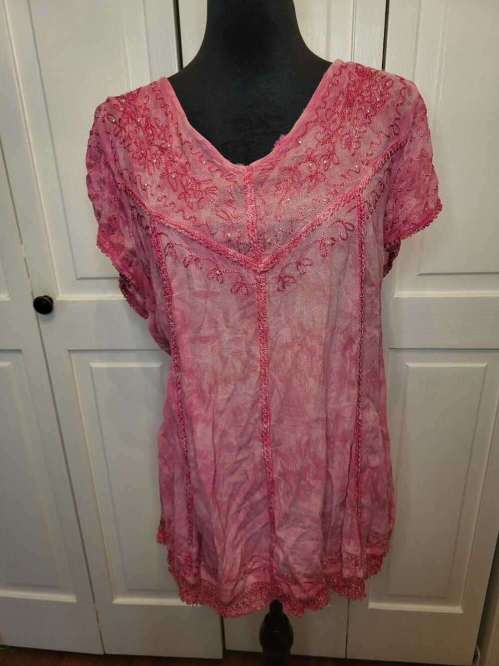 Sakkas Pink Tie Dye Embroidered Beaded  Crochet Top 2X Boho Fairy Hippie Summer